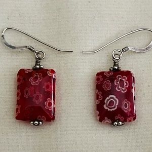 FROM ITALY MURANO HAND BLOWN MILLEFIORI GLASS RED AND SILVER EARRINGS